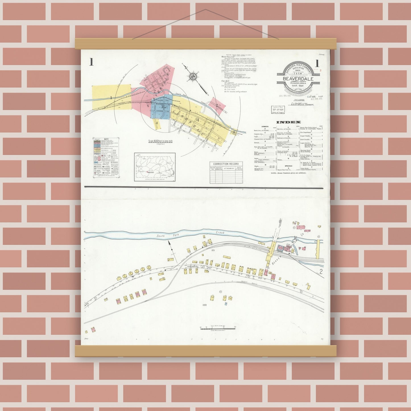 Old map wall art mockup — magnetic wood frame on brick wall — Sanborn Fire Insurance Map from Beaverdale, Cambria County, Pennsylvania (1934), Sheet #0001