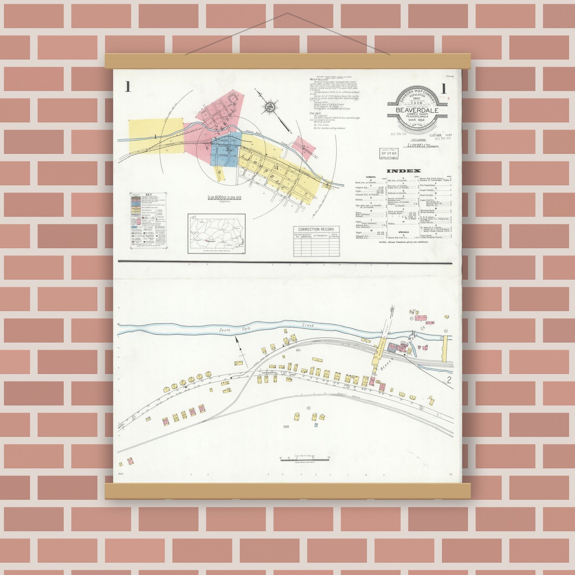 Old map wall art mockup — magnetic wood frame on brick wall — Sanborn Fire Insurance Map from Beaverdale, Cambria County, Pennsylvania (1934), Sheet #0001