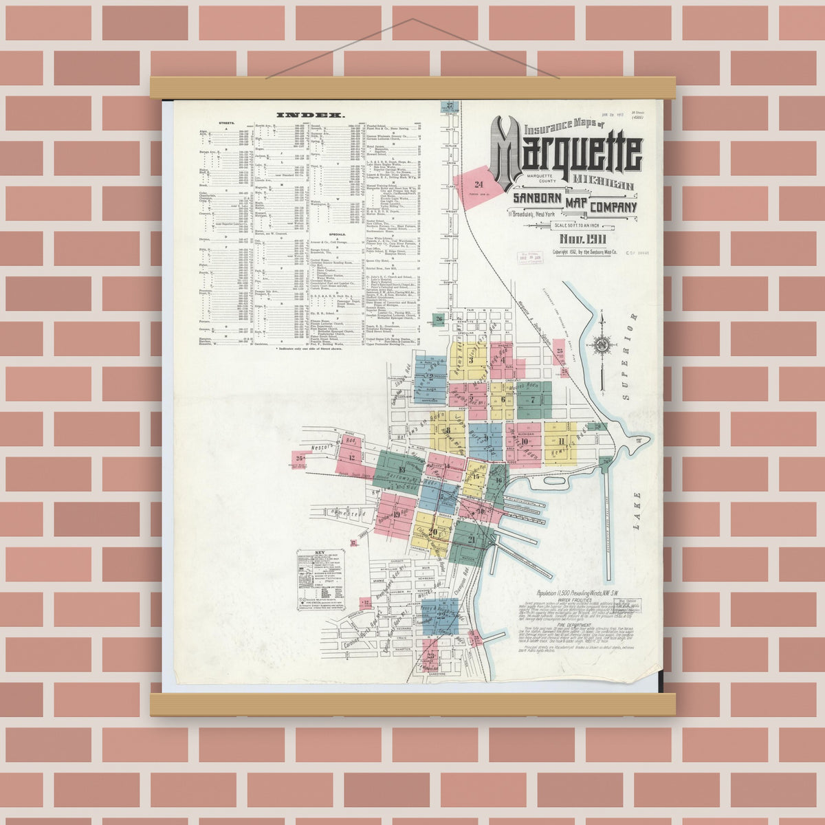 Old map wall art mockup — magnetic wood frame on brick wall — Sanborn Fire Insurance Map from Marquette, Marquette County, Michigan (1911), Sheet #0001