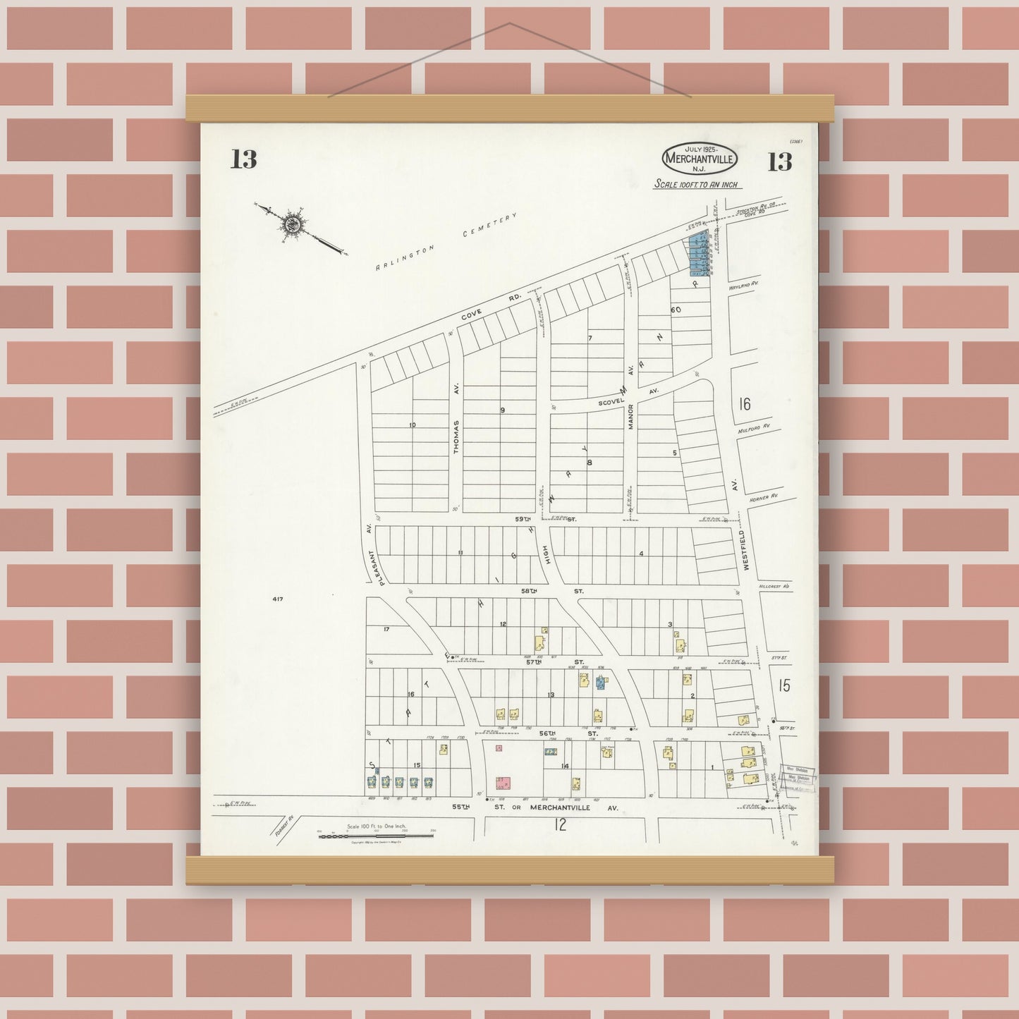 Old map wall art mockup — magnetic wood frame on brick wall — Sanborn Fire Insurance Map from Merchantville, Camden County, New Jersey (1925), Sheet #0013
