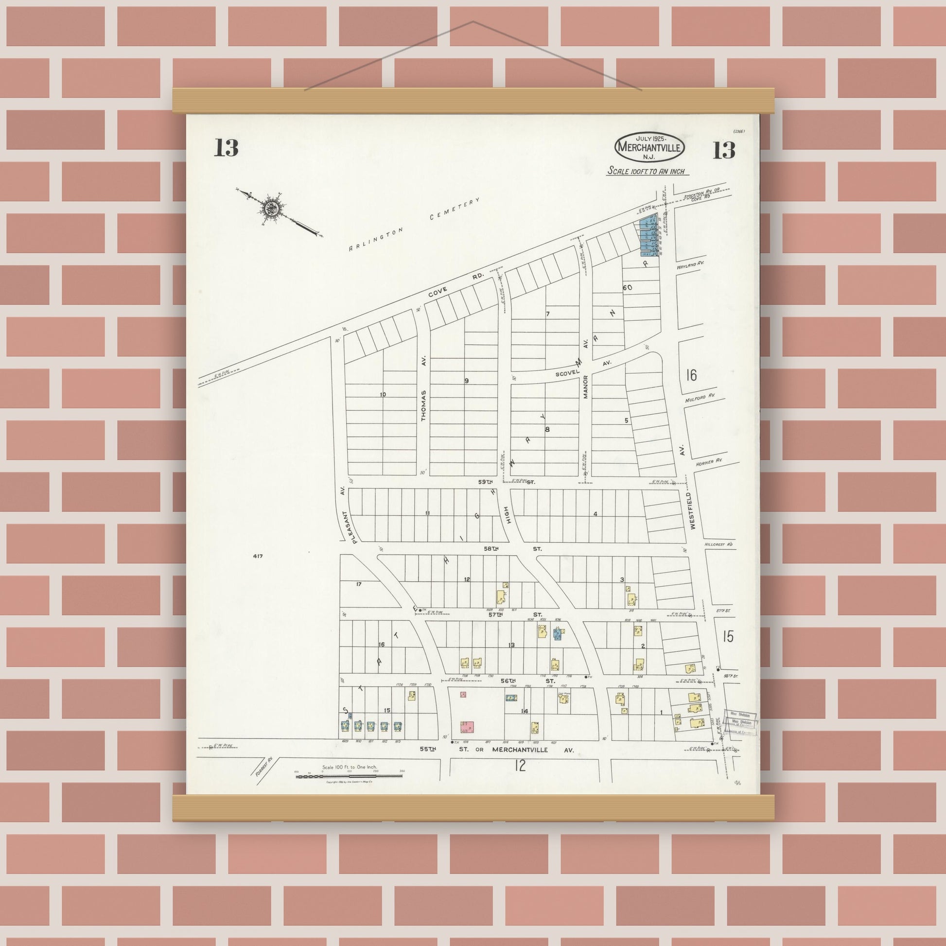 Old map wall art mockup — magnetic wood frame on brick wall — Sanborn Fire Insurance Map from Merchantville, Camden County, New Jersey (1925), Sheet #0013