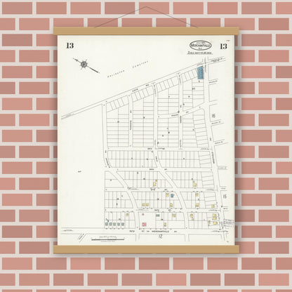 Old map wall art mockup — magnetic wood frame on brick wall — Sanborn Fire Insurance Map from Merchantville, Camden County, New Jersey (1925), Sheet #0013