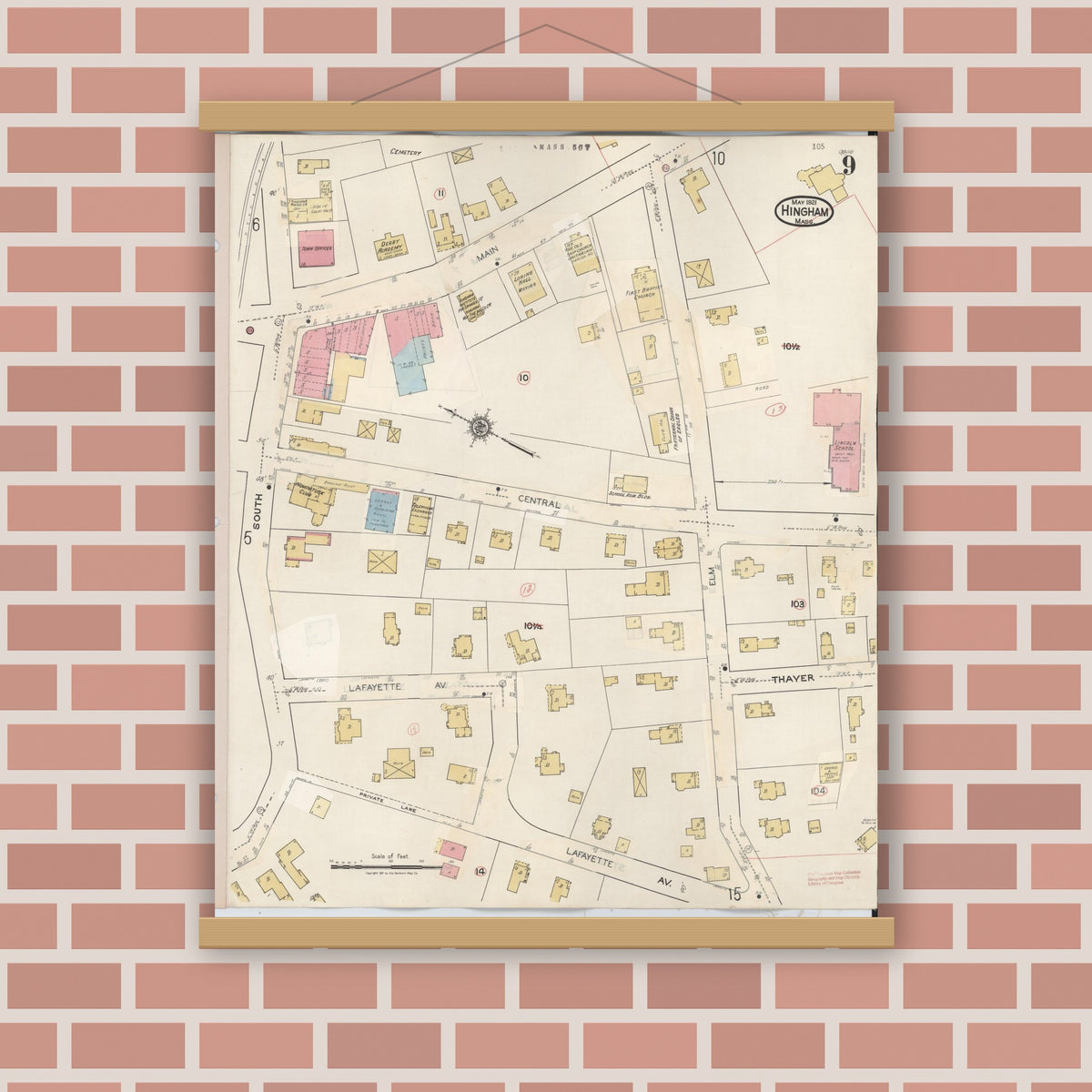 Old map wall art mockup — magnetic wood frame on brick wall — Sanborn Fire Insurance Map from Hingham, Plymouth County, Massachusetts (1948), Sheet #0009