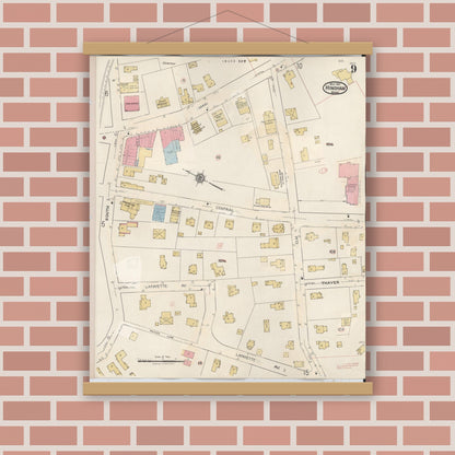 Old map wall art mockup — magnetic wood frame on brick wall — Sanborn Fire Insurance Map from Hingham, Plymouth County, Massachusetts (1948), Sheet #0009