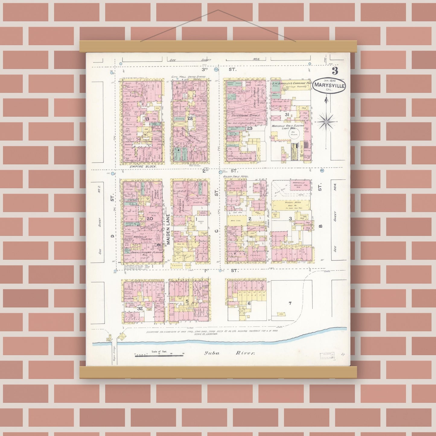 Old map wall art mockup — magnetic wood frame on brick wall — Sanborn Fire Insurance Map from Marysville, Yuba County, California (1890), Sheet #0003
