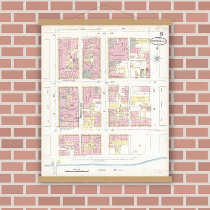 Old map wall art mockup — magnetic wood frame on brick wall — Sanborn Fire Insurance Map from Marysville, Yuba County, California (1890), Sheet #0003