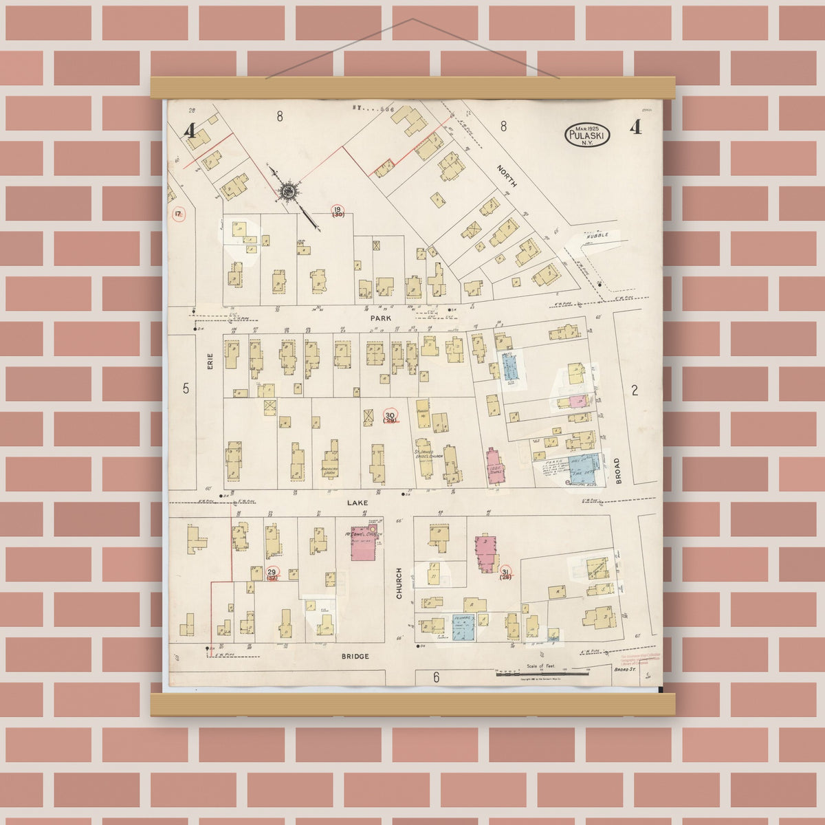Old map wall art mockup — magnetic wood frame on brick wall — Sanborn Fire Insurance Map from Pulaski, Oswego County, New York (1959), Sheet #0004