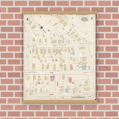 Old map wall art mockup — magnetic wood frame on brick wall — Sanborn Fire Insurance Map from Pulaski, Oswego County, New York (1959), Sheet #0004