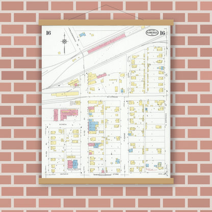 Old map wall art mockup — magnetic wood frame on brick wall — Sanborn Fire Insurance Map from Kankakee, Kankakee County, Illinois (1930), Sheet #0016