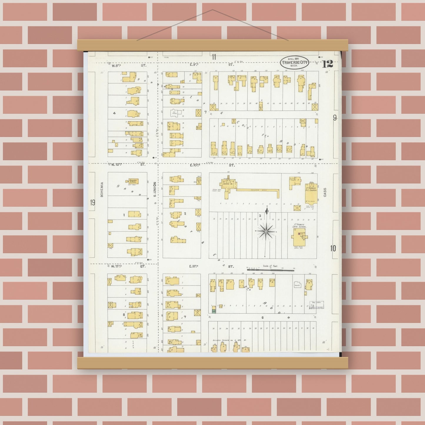 Old map wall art mockup — magnetic wood frame on brick wall — Sanborn Fire Insurance Map from Traverse City, Grand Traverse County, Michigan (1904), Sheet #0012