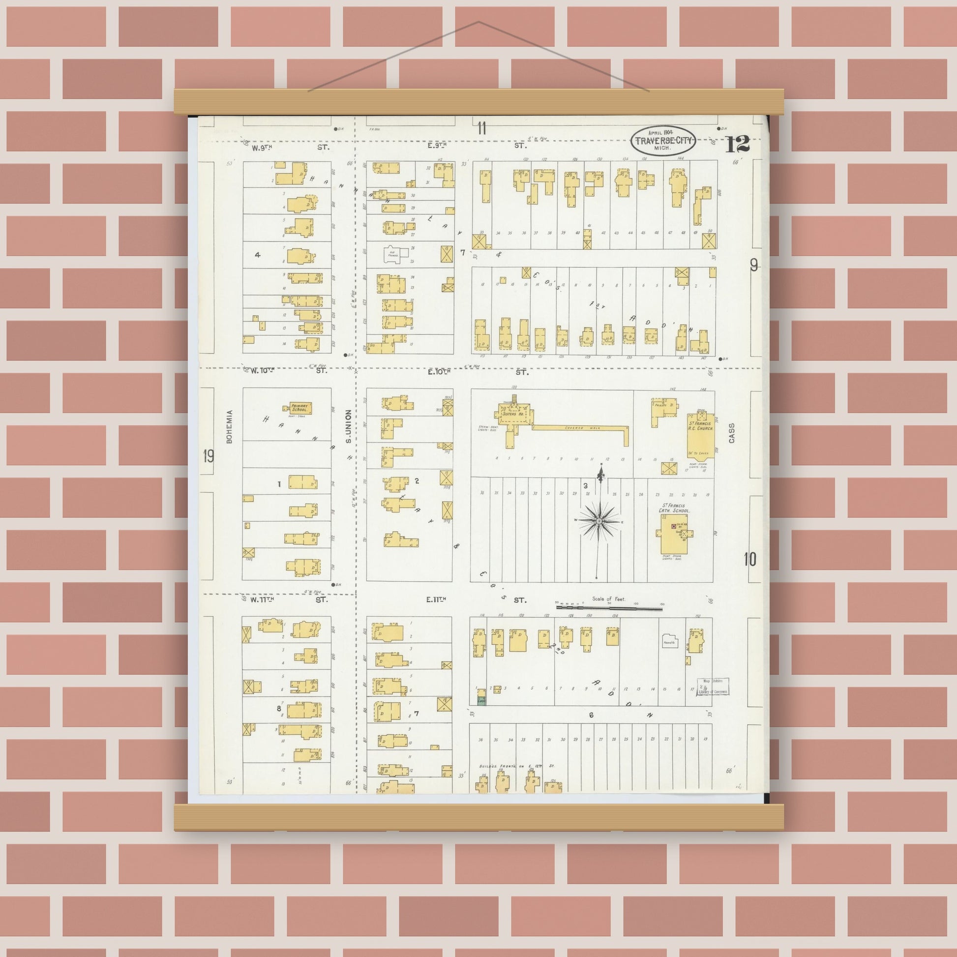 Old map wall art mockup — magnetic wood frame on brick wall — Sanborn Fire Insurance Map from Traverse City, Grand Traverse County, Michigan (1904), Sheet #0012