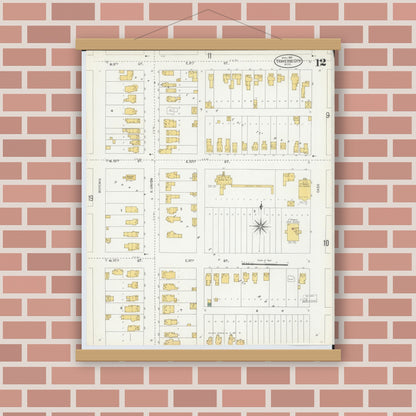 Old map wall art mockup — magnetic wood frame on brick wall — Sanborn Fire Insurance Map from Traverse City, Grand Traverse County, Michigan (1904), Sheet #0012