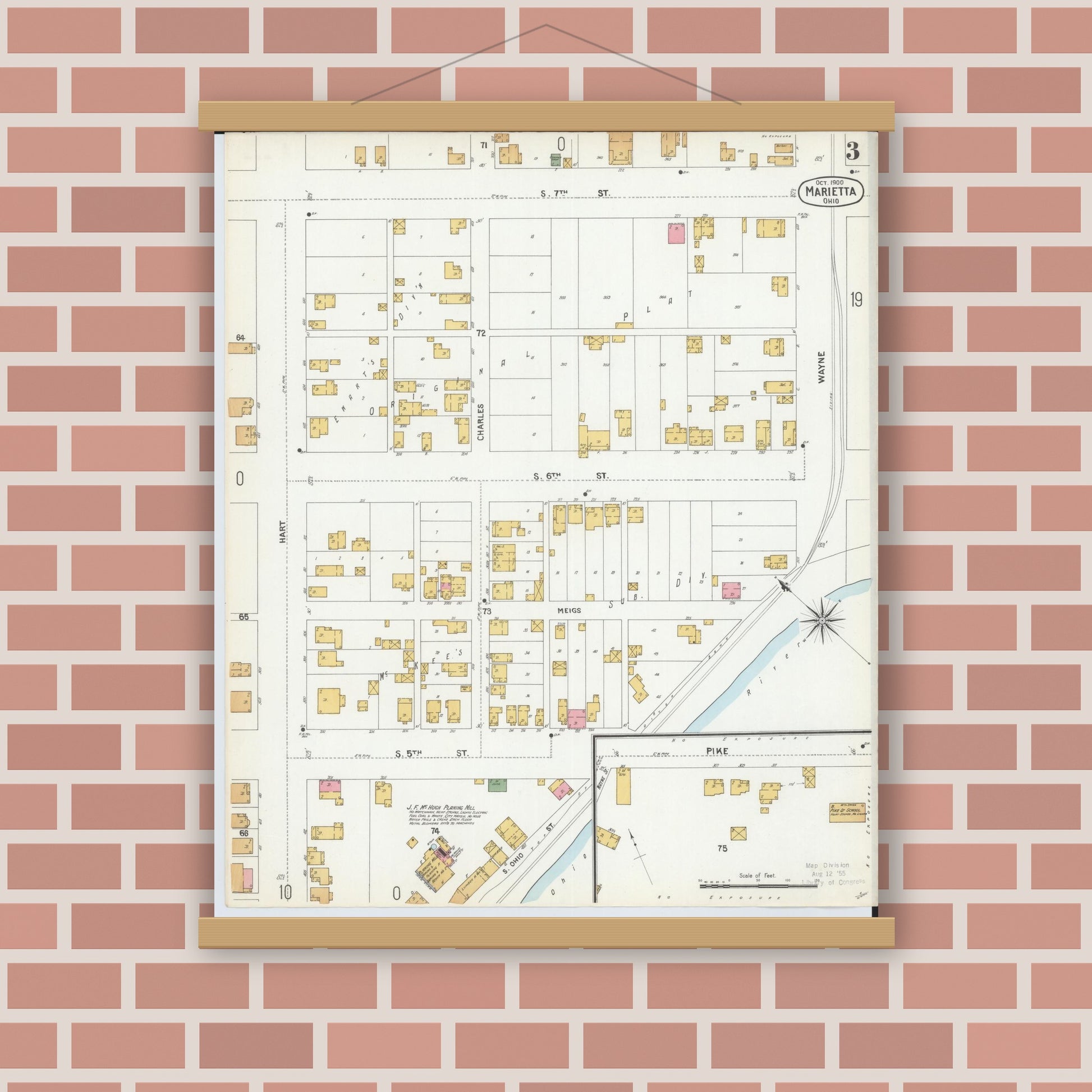 Old map wall art mockup — magnetic wood frame on brick wall — Sanborn Fire Insurance Map from Marietta, Washington County, Ohio (1900), Sheet #0003