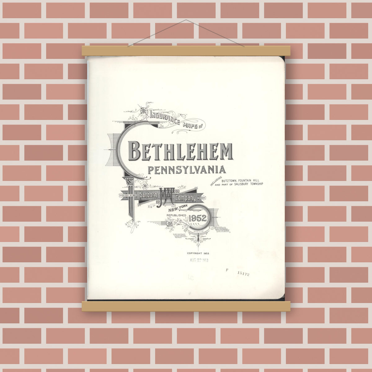 Old map wall art mockup — magnetic wood frame on brick wall — Sanborn Fire Insurance Map from Bethlehem, Northampton And Lehigh Counties, Pennsylvania (1952), Sheet #0001