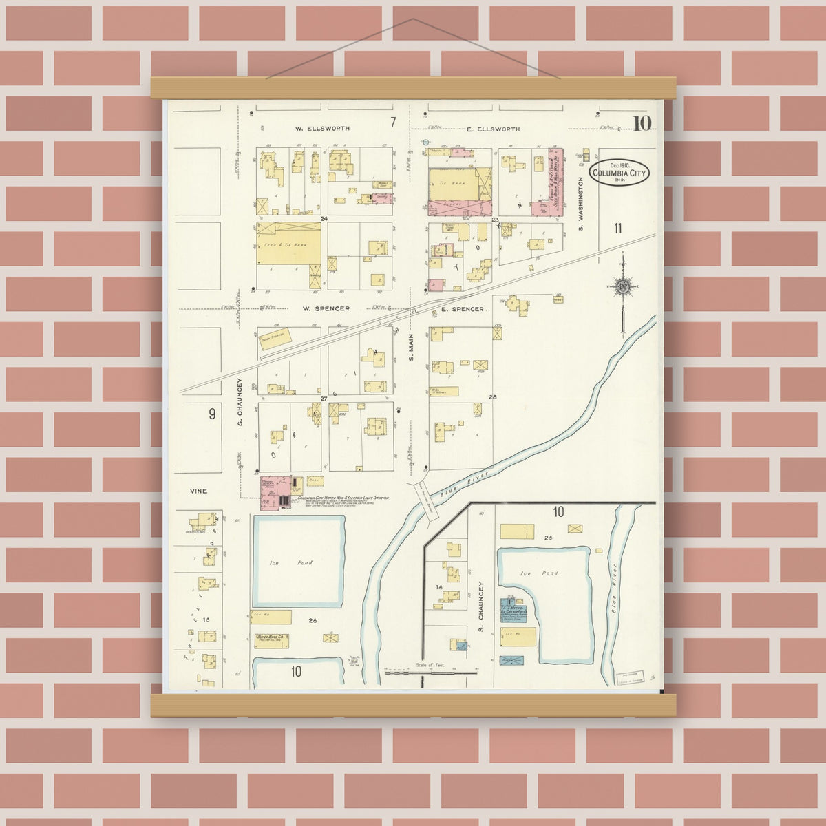 Old map wall art mockup — magnetic wood frame on brick wall — Sanborn Fire Insurance Map from Columbia City, Whitley County, Indiana (1910), Sheet #0010