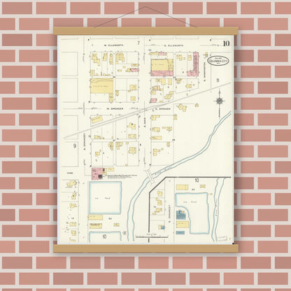 Old map wall art mockup — magnetic wood frame on brick wall — Sanborn Fire Insurance Map from Columbia City, Whitley County, Indiana (1910), Sheet #0010
