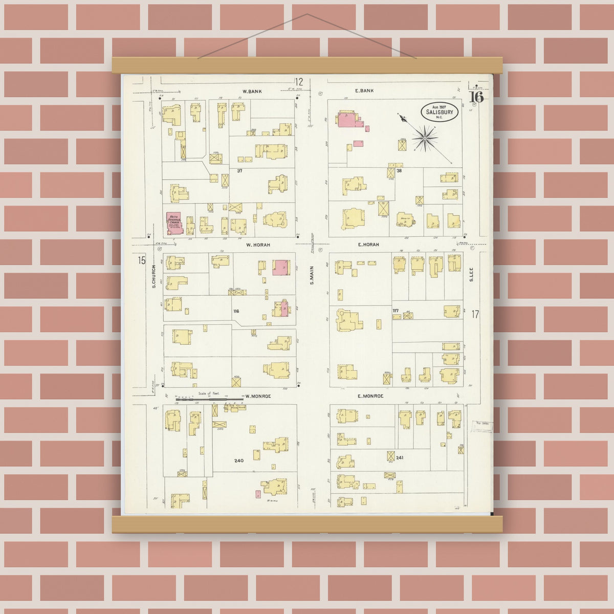 Old map wall art mockup — magnetic wood frame on brick wall — Sanborn Fire Insurance Map from Salisbury, Rowan County, North Carolina (1907), Sheet #0016