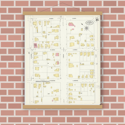 Old map wall art mockup — magnetic wood frame on brick wall — Sanborn Fire Insurance Map from Salisbury, Rowan County, North Carolina (1907), Sheet #0016