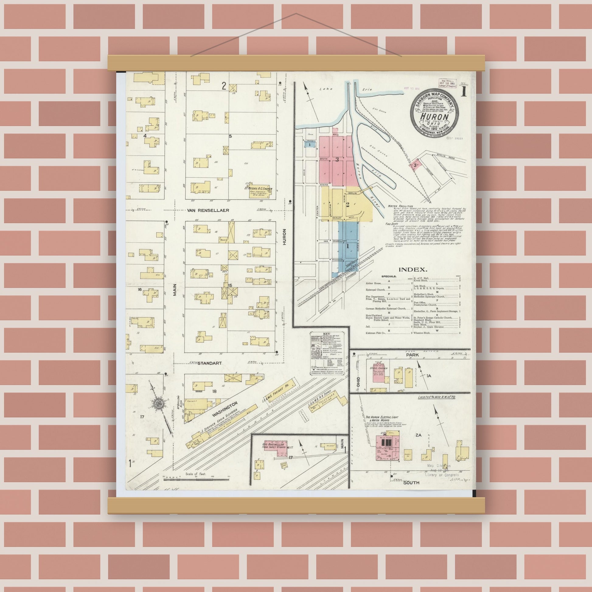 Old map wall art mockup — magnetic wood frame on brick wall — Sanborn Fire Insurance Map from Huron, Erie County, Ohio (1910) - Complete Map Set