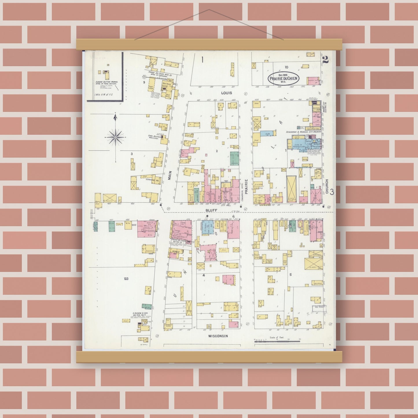 Old map wall art mockup — magnetic wood frame on brick wall — Sanborn Fire Insurance Map from Prairie du Chien, Crawford County, Wisconsin (1899), Sheet #0002