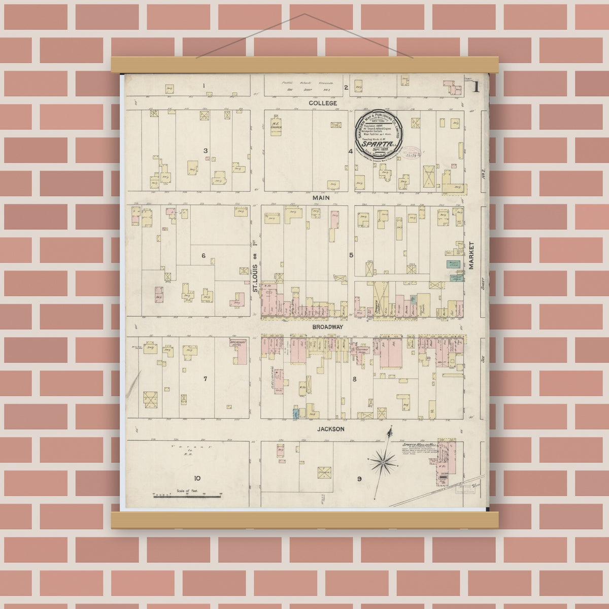 Old map wall art mockup — magnetic wood frame on brick wall — Sanborn Fire Insurance Map from Sparta, Randolph County, Illinois (1889) - Complete Map Set