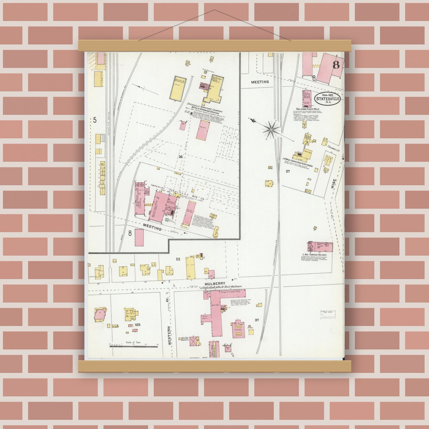Old map wall art mockup — magnetic wood frame on brick wall — Sanborn Fire Insurance Map from Statesville, Iredell County, North Carolina (1905), Sheet #0008