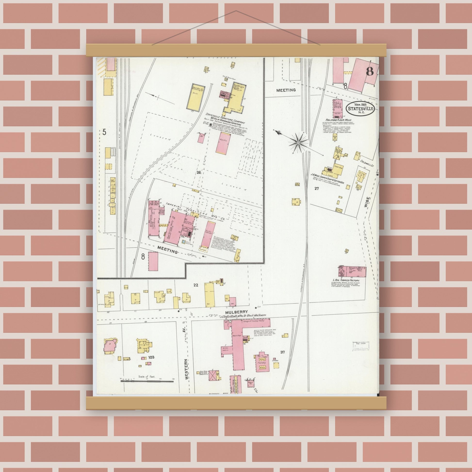 Old map wall art mockup — magnetic wood frame on brick wall — Sanborn Fire Insurance Map from Statesville, Iredell County, North Carolina (1905), Sheet #0008