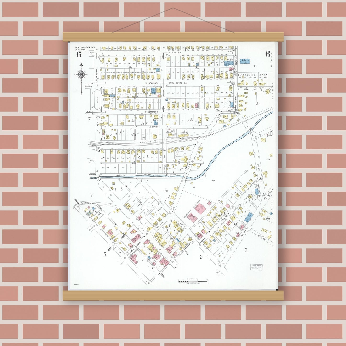 Old map wall art mockup — magnetic wood frame on brick wall — Sanborn Fire Insurance Map from New Lexington, Perry County, Ohio (1950), Sheet #0006