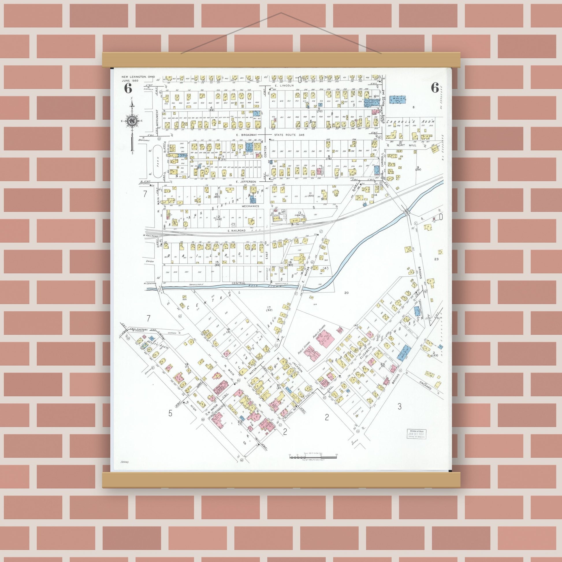 Old map wall art mockup — magnetic wood frame on brick wall — Sanborn Fire Insurance Map from New Lexington, Perry County, Ohio (1950), Sheet #0006