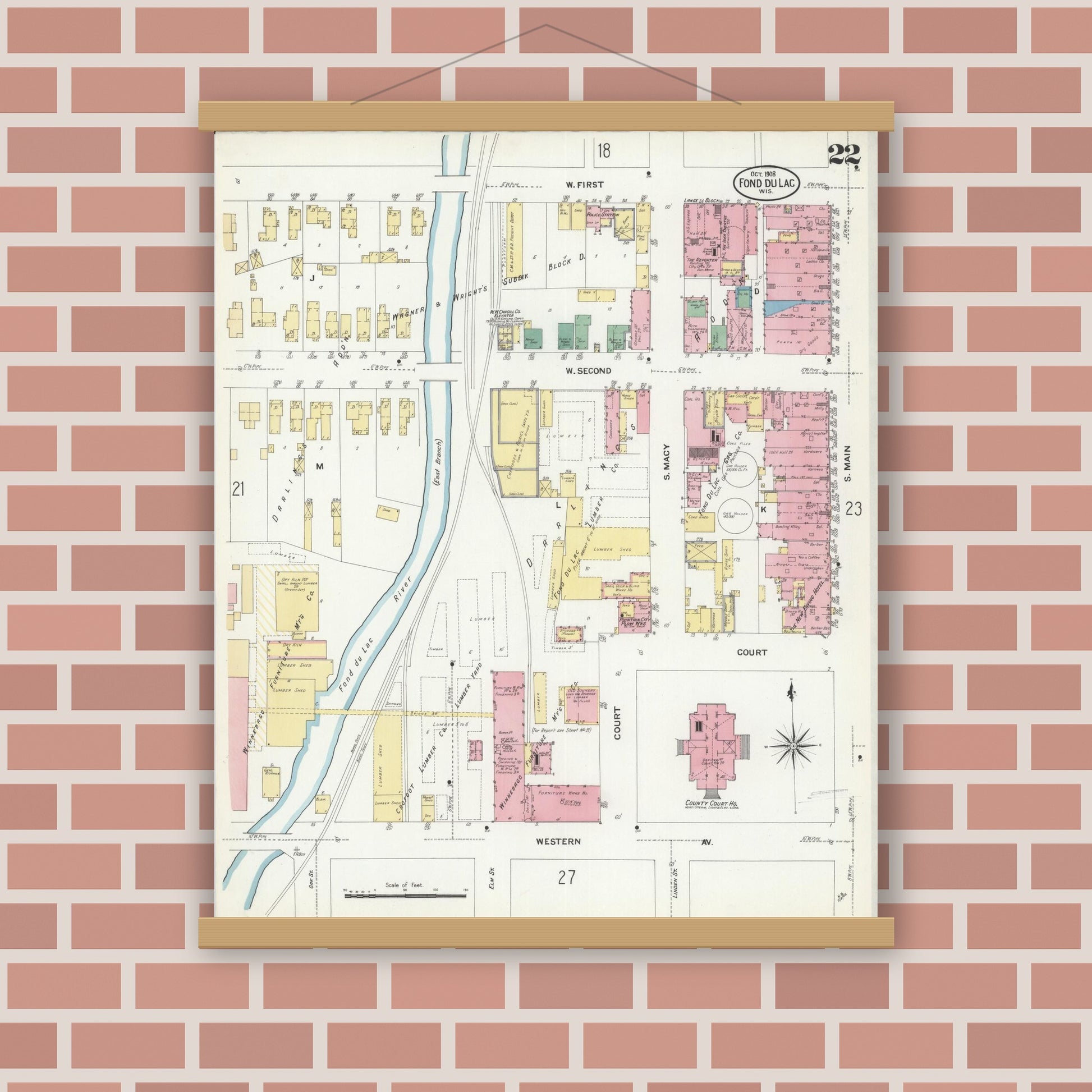 Old map wall art mockup — magnetic wood frame on brick wall — Sanborn Fire Insurance Map from Fond du Lac, Fond du Lac County, Wisconsin (1908), Sheet #0022