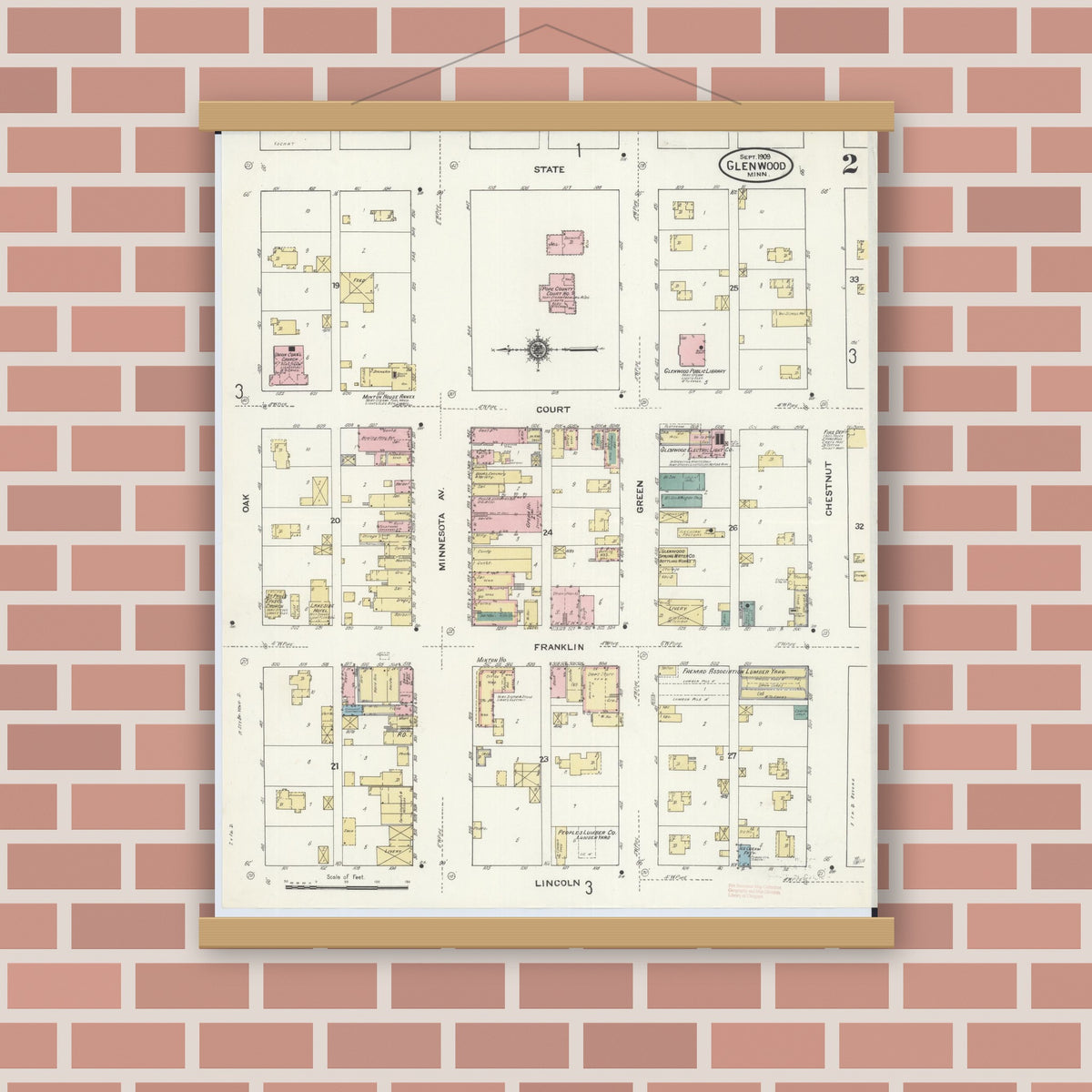 Old map wall art mockup — magnetic wood frame on brick wall — Sanborn Fire Insurance Map from Glenwood, Pope County, Minnesota (1909), Sheet #0002