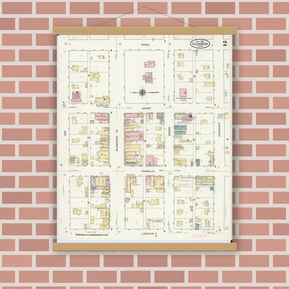 Old map wall art mockup — magnetic wood frame on brick wall — Sanborn Fire Insurance Map from Glenwood, Pope County, Minnesota (1909), Sheet #0002