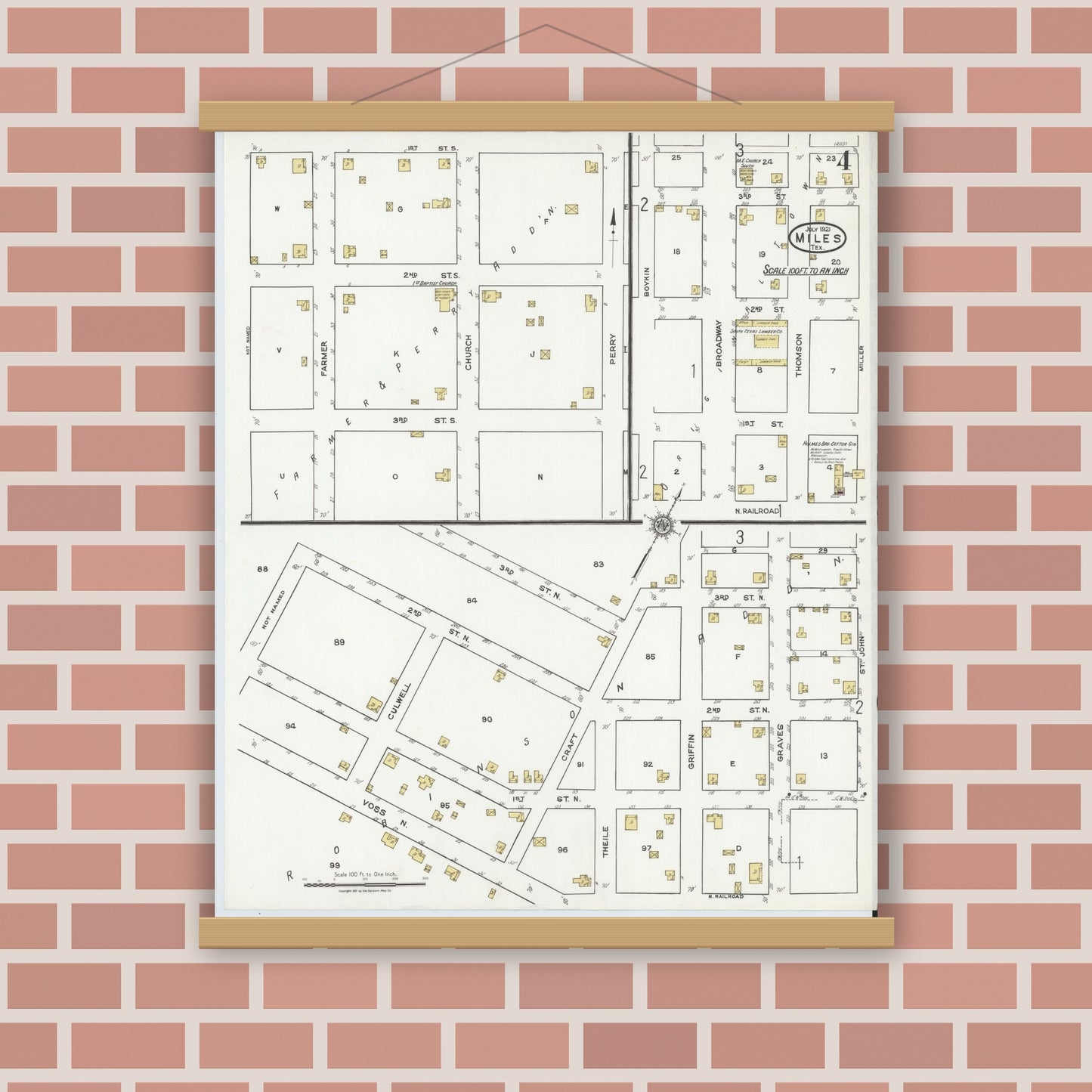 Old map wall art mockup — magnetic wood frame on brick wall — Sanborn Fire Insurance Map from Miles, Runnels County, Texas (1921), Sheet #0004