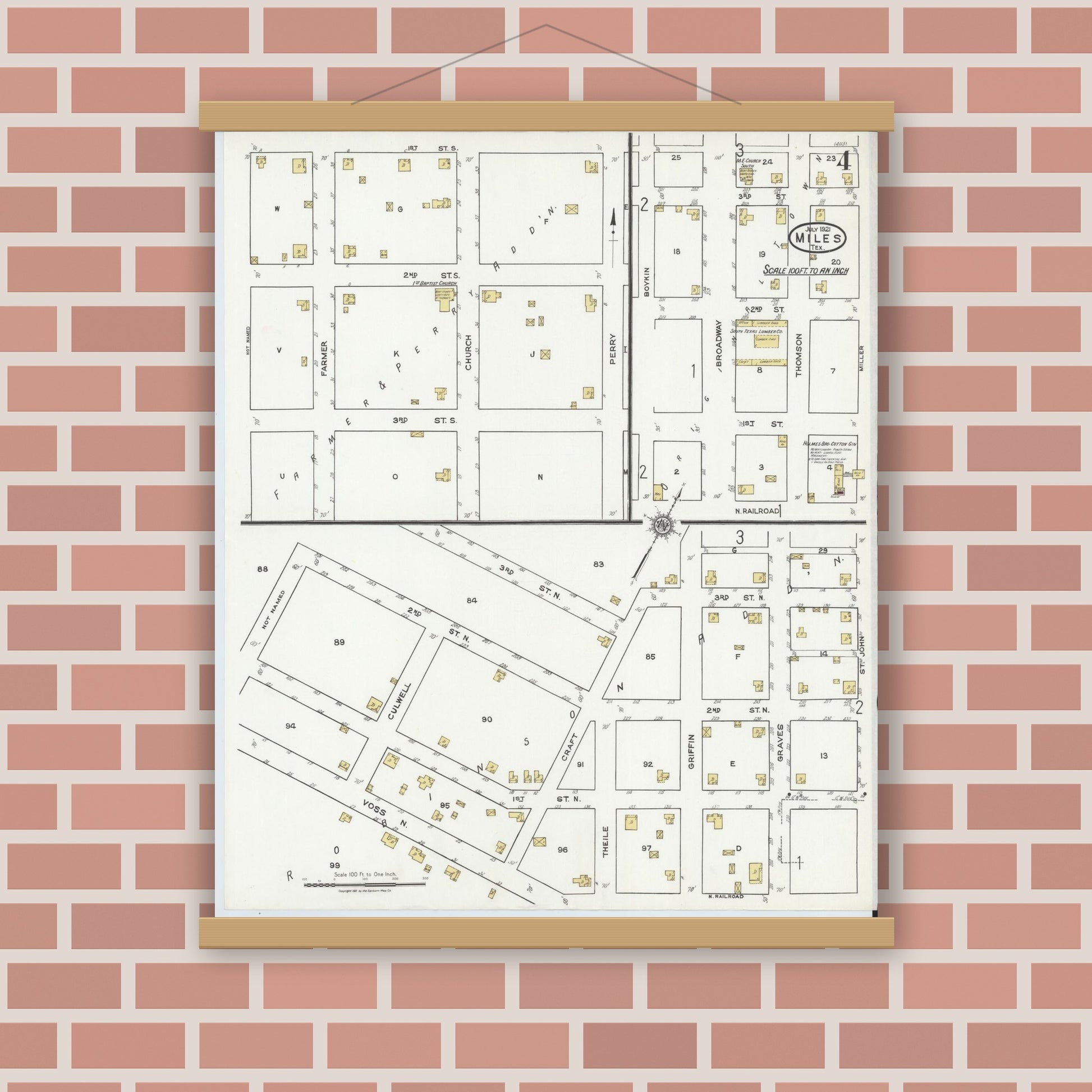 Old map wall art mockup — magnetic wood frame on brick wall — Sanborn Fire Insurance Map from Miles, Runnels County, Texas (1921), Sheet #0004