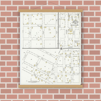 Old map wall art mockup — magnetic wood frame on brick wall — Sanborn Fire Insurance Map from Miles, Runnels County, Texas (1921), Sheet #0004