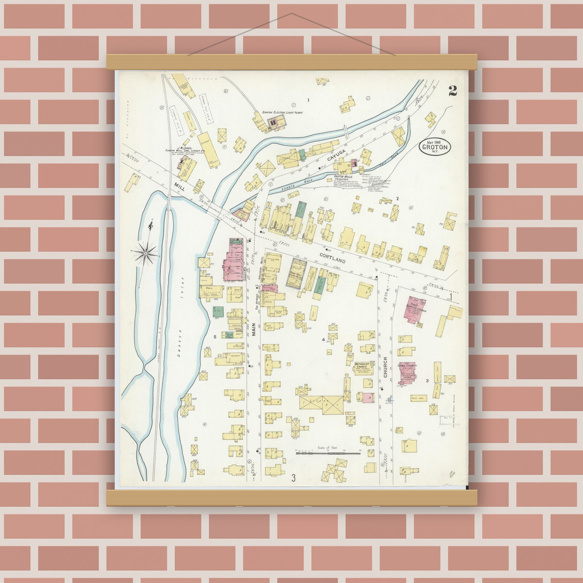 Old map wall art mockup — magnetic wood frame on brick wall — Sanborn Fire Insurance Map from Groton, Tomkins County, New York (1908), Sheet #0002