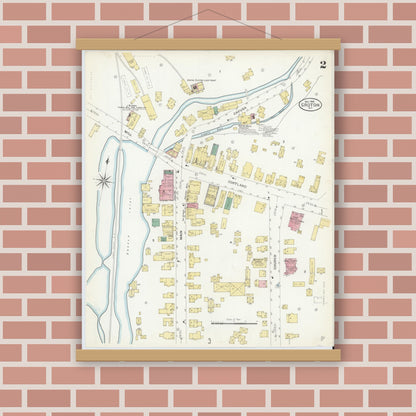 Old map wall art mockup — magnetic wood frame on brick wall — Sanborn Fire Insurance Map from Groton, Tomkins County, New York (1908), Sheet #0002