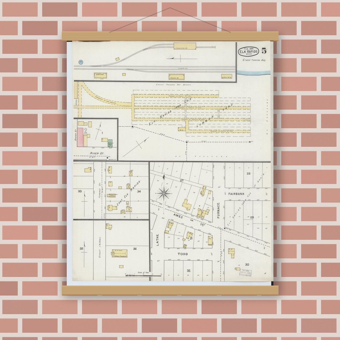 Old map wall art mockup — magnetic wood frame on brick wall — Sanborn Fire Insurance Map from Elk Rapids, Antrim County, Michigan (1895), Sheet #0005
