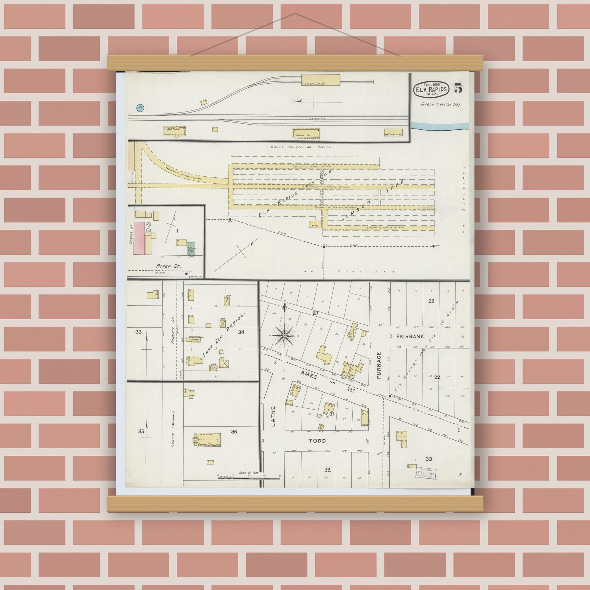 Old map wall art mockup — magnetic wood frame on brick wall — Sanborn Fire Insurance Map from Elk Rapids, Antrim County, Michigan (1895), Sheet #0005