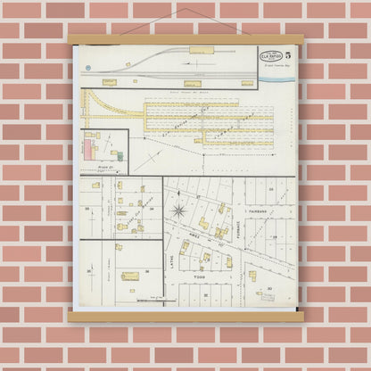 Old map wall art mockup — magnetic wood frame on brick wall — Sanborn Fire Insurance Map from Elk Rapids, Antrim County, Michigan (1895), Sheet #0005