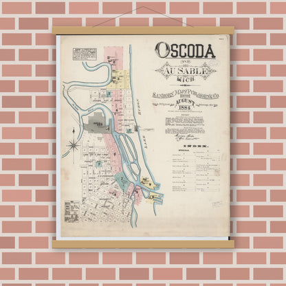 Old map wall art mockup — magnetic wood frame on brick wall — Sanborn Fire Insurance Map from Oscoda, Iosco County, Michigan (1884), Sheet #0001