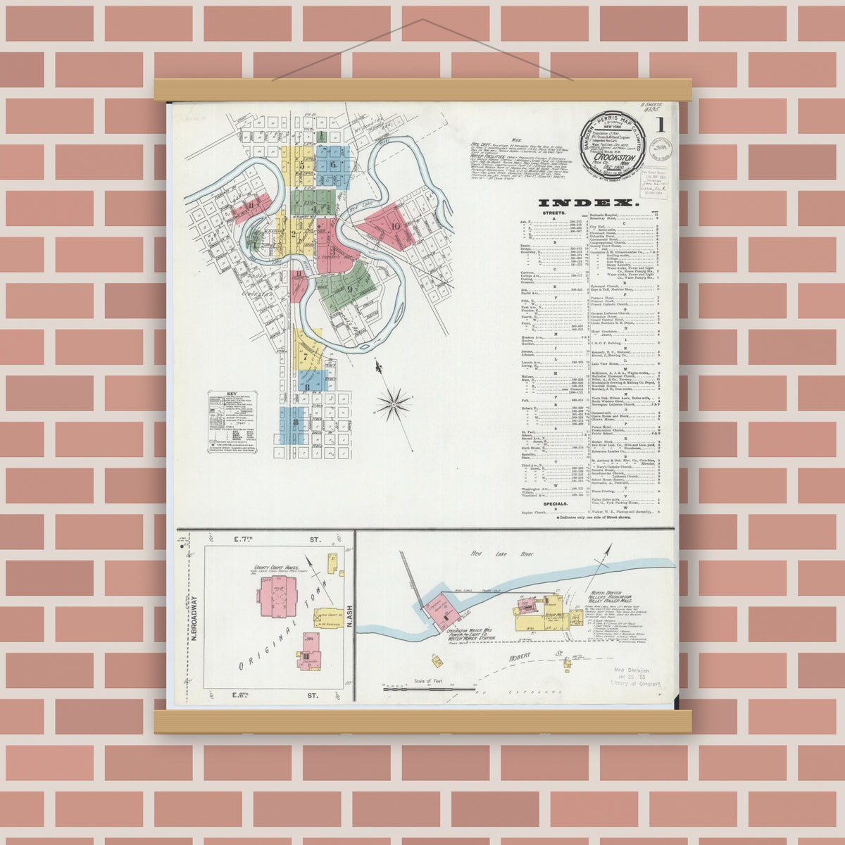 Old map wall art mockup — magnetic wood frame on brick wall — Sanborn Fire Insurance Map from Crookston, Polk County, Minnesota (1900), Sheet #0001