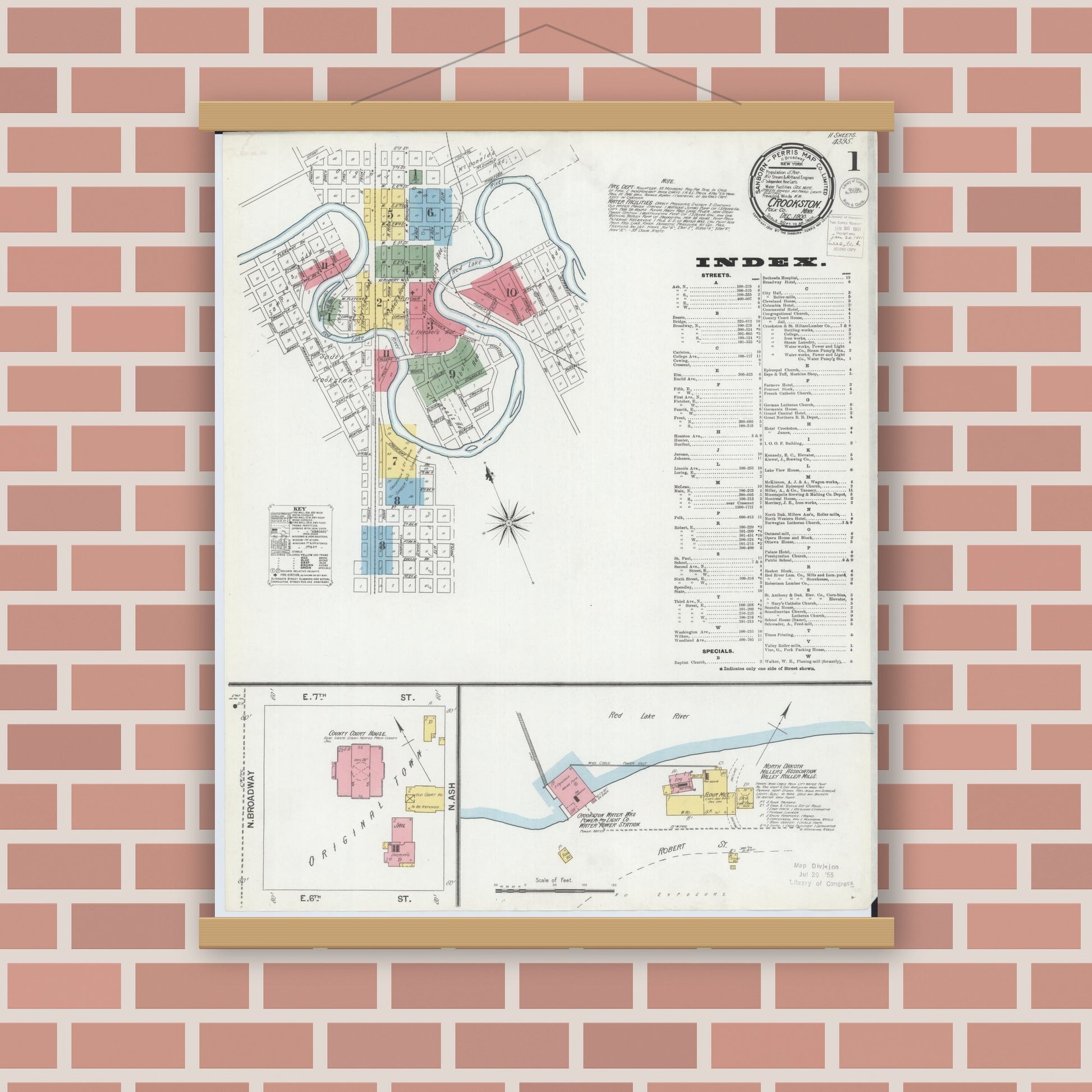 Old map wall art mockup — magnetic wood frame on brick wall — Sanborn Fire Insurance Map from Crookston, Polk County, Minnesota (1900), Sheet #0001