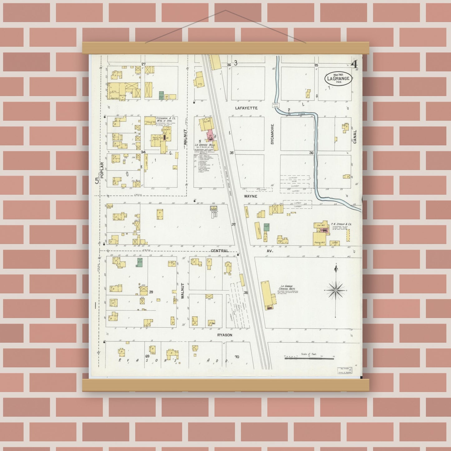Old map wall art mockup — magnetic wood frame on brick wall — Sanborn Fire Insurance Map from Lagrange, LaGrange County, Indiana (1901), Sheet #0004