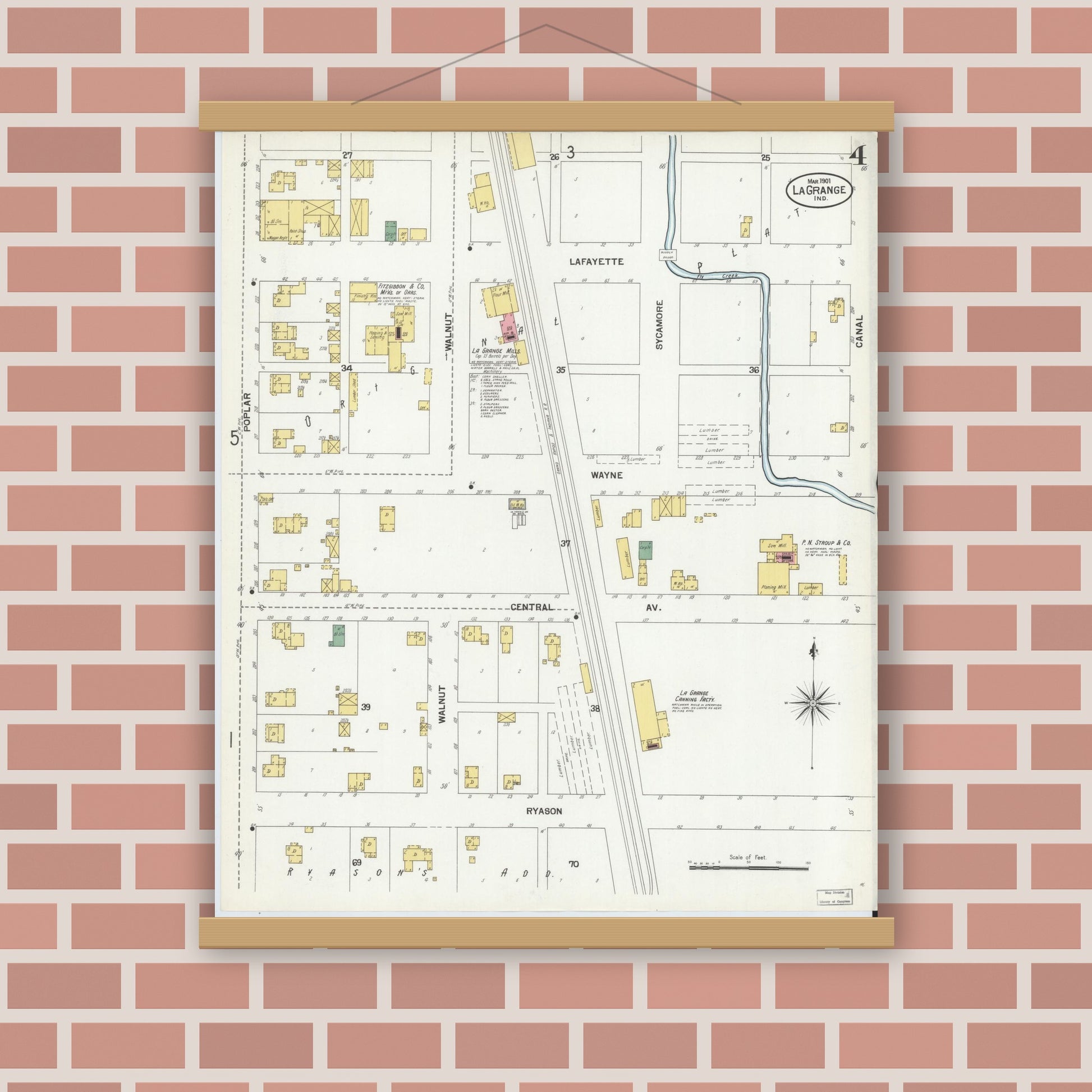 Old map wall art mockup — magnetic wood frame on brick wall — Sanborn Fire Insurance Map from Lagrange, LaGrange County, Indiana (1901), Sheet #0004