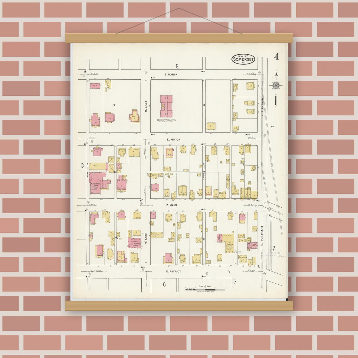 Old map wall art mockup — magnetic wood frame on brick wall — Sanborn Fire Insurance Map from Somerset, Somerset County, Pennsylvania (1917), Sheet #0004