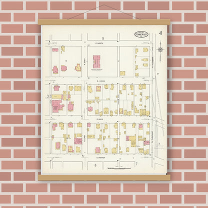 Old map wall art mockup — magnetic wood frame on brick wall — Sanborn Fire Insurance Map from Somerset, Somerset County, Pennsylvania (1917), Sheet #0004