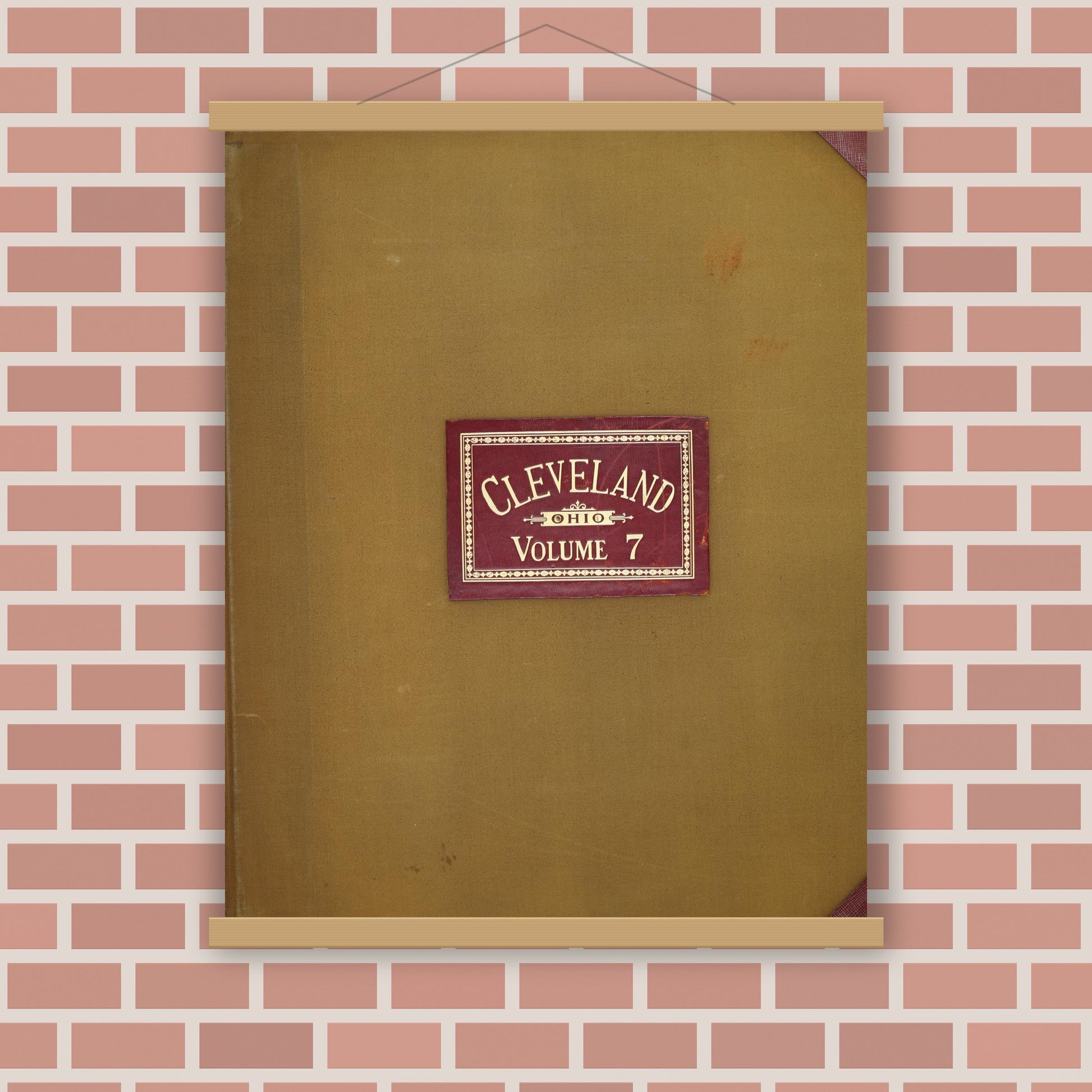 Old map wall art mockup — magnetic wood frame on brick wall — Sanborn Fire Insurance Map from Cleveland, Cuyahoga County, Ohio (1950), Sheet #0001