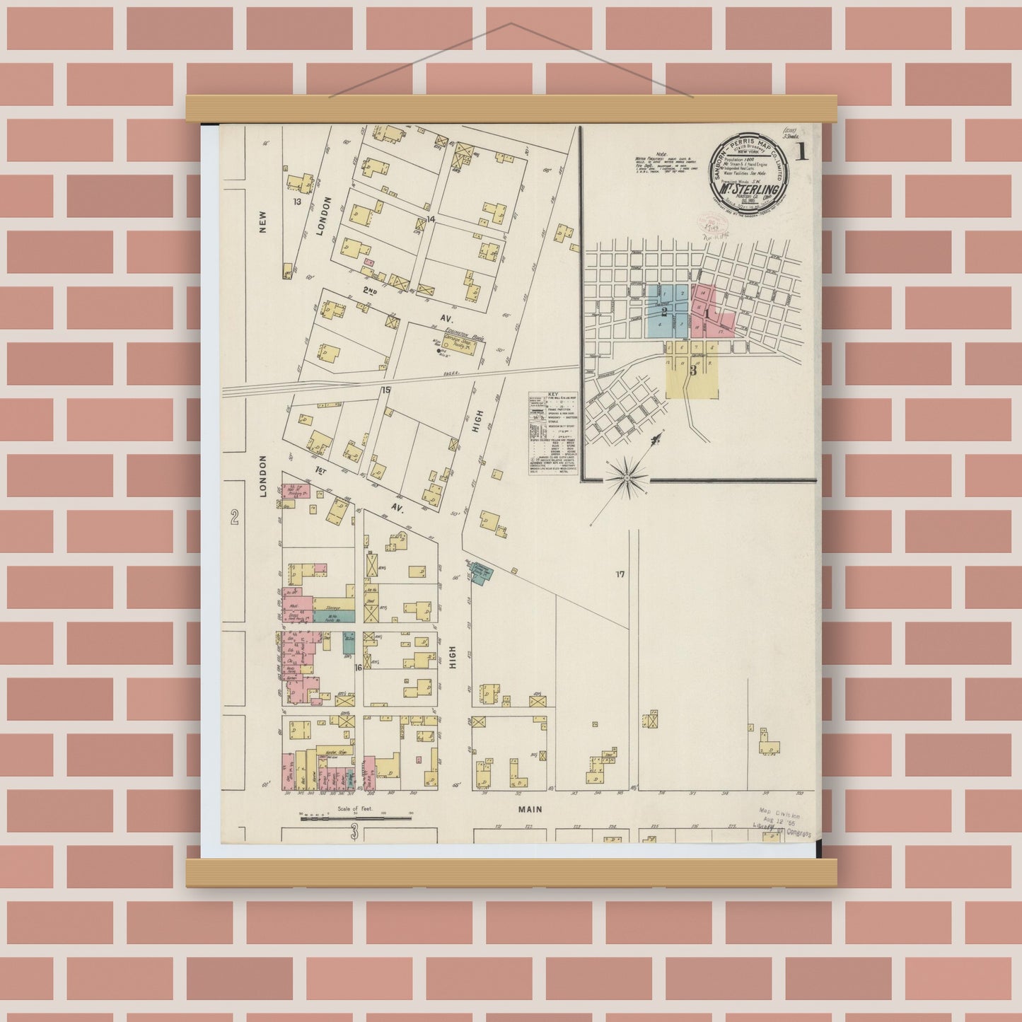 Old map wall art mockup — magnetic wood frame on brick wall — Sanborn Fire Insurance Map from Mount Sterling, Madison County, Ohio (1895) - Complete Map Set