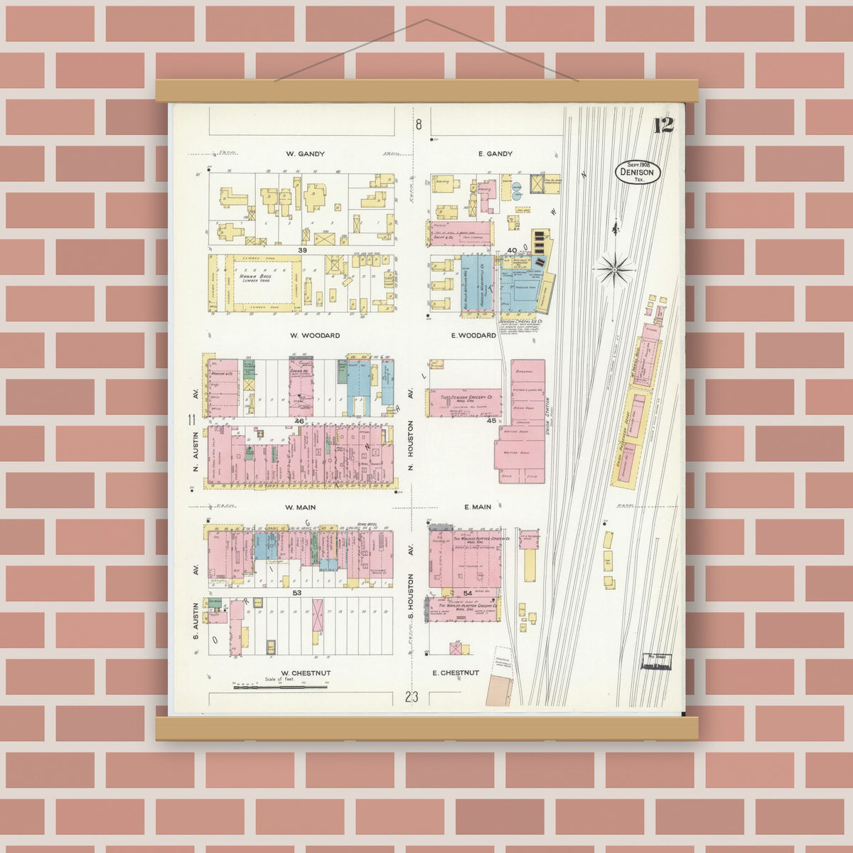 Old map wall art mockup — magnetic wood frame on brick wall — Sanborn Fire Insurance Map from Denison, Grayson County, Texas (1908), Sheet #0012